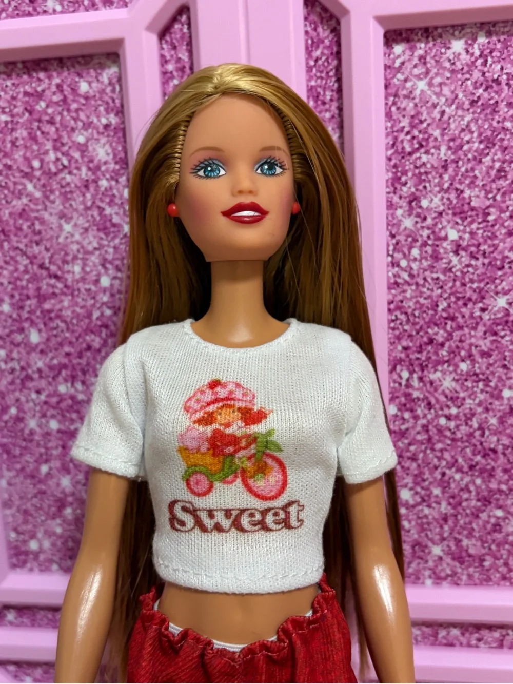 Barbie White Crop Top with Pink & Orange Graphic and Red Pants